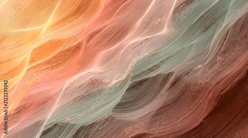 Abstract Swirling Terracotta Sand and Mint Sage Waves Texture Background with Fine Glitter