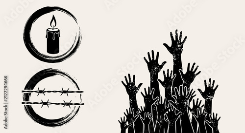 Obraz na plátně Human rights vector illustration, reaching hands silhouette with candle and barb