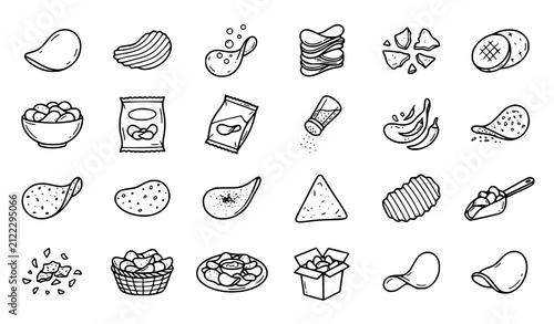 Potato Chips Doodle Hand Drawn Icon Set with Crispy Snack Outline Vector Collection