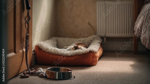 Puppy sleeping inside a cozy pet bed with a metallic bowl and leash on the floor