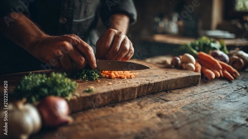 Chef chopping fresh carrots with a knife on a wooden cutting board in a rustic kitchen
