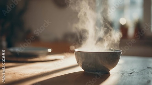 Steaming hot bowl of soup on a rustic wooden table inside a cozy kitchen environment