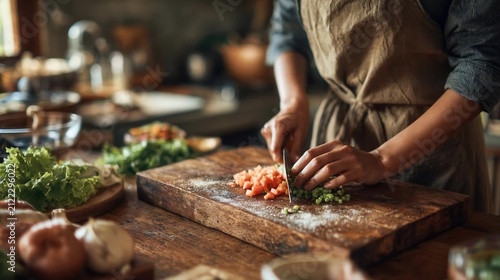 Person wearing an apron chopping vegetables on a wooden cutting board in a kitchen