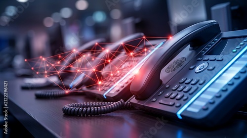 Digital network connecting multiple modern ip phones on office desk, technology concept, communication system, business network connections, futuristic technology abstract overlay.