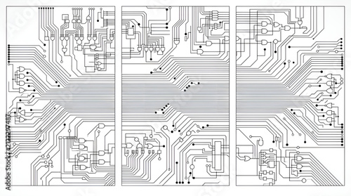 Black and white circuit board pattern with electronic lines and connections