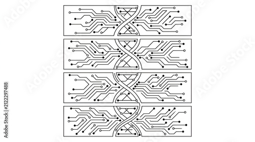Dna strand combined with electronic circuit board lines in a set of four