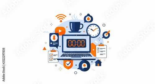 Productivity and Time Management Flat Vector Illustration with Laptop, Clock, Coffee, and Task Checklist Icons for Business and Remote Work