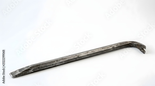 Long metal pry bar with curved claw on white background
