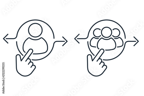 Vector line icon set illustrating individual person and group management, user selection, profile switching, customer targeting, and human resource control concepts.
