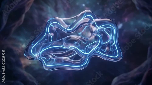 A glowing abstract liquid form floats in dark space