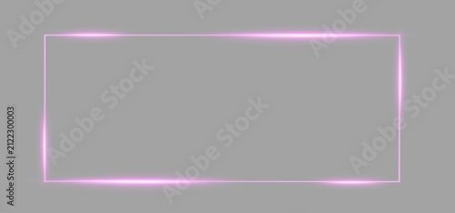 Tender pink neon glowing rectangle frame with soft electric light border isolated on transparent checkered background