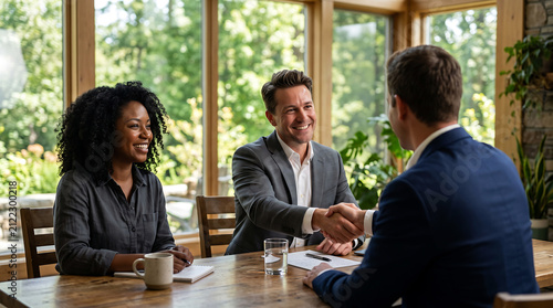 Diverse business colleagues shaking hands during a successful meeting in a bright modern office boardroom