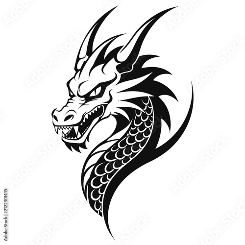 Black and White Tribal Dragon Head Silhouette Graphic Element