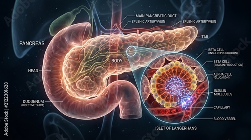 Detailed anatomical illustration of human pancreas and lymph nodes.