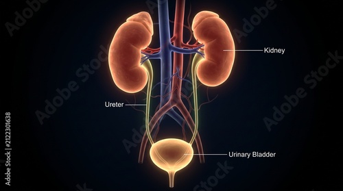 Detailed anatomical illustration of human urinary system organs.