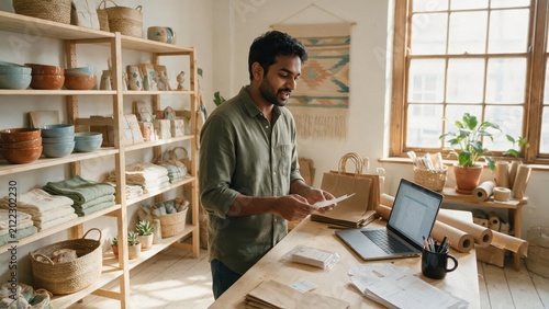 Man organizing products on shelves in a bright modern shop, retail and small business lifestyle scene
