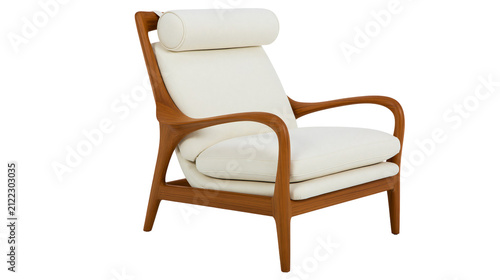 Mid-century modern armchair with curved wooden frame and cream upholstery, isolated on transparent background