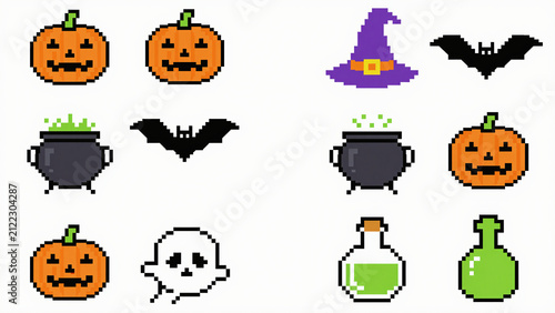 Pixel art halloween icon set retro 8 bit gaming elements