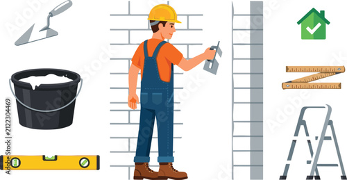 Construction Worker and Masonry Hand Tools Set with Bricklayer Building Wall Trowel Cement Bucket Spirit Level Stepladder and Ruler Vector Illustrations