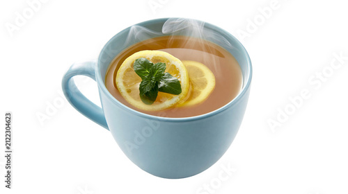 Steaming hot tea in a blue mug with lemon slices and mint leaves, isolated on transparent background