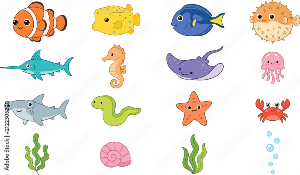 Naklejka premium Cute Marine Animal Collection with Tropical Fish, Shark, Stingray, Seahorse, Jellyfish, Starfish, Crab, and Ocean Cartoon Vector Set