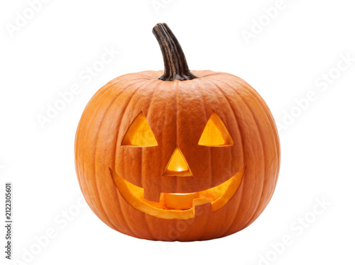 Obraz na płótnie Carved pumpkin with glowing face isolated on transparent background