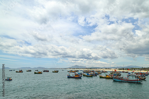 Canvastavla Fishing Boats Fleet in Sea Harbor under Cloudy Sky Copy Space