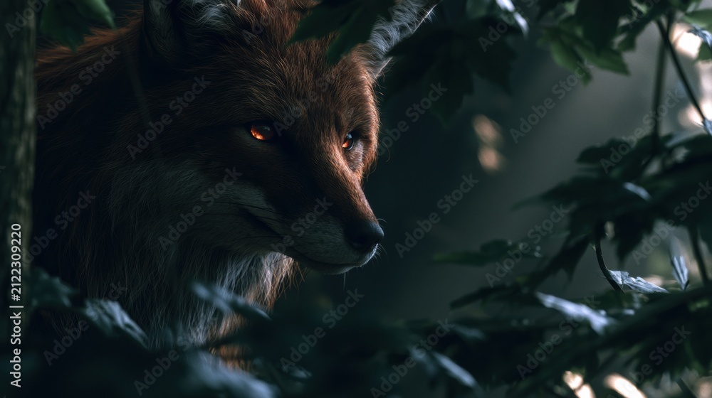 Fototapeta premium A fox with glowing eyes sits among dark leaves in a forest. Light breaks through the trees, creating a special look at the animal.
