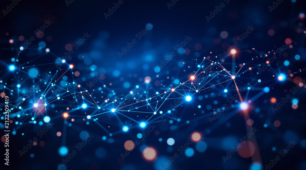Abstract glowing network of connected dots and lines over deep navy blue gradient, data technology concept background