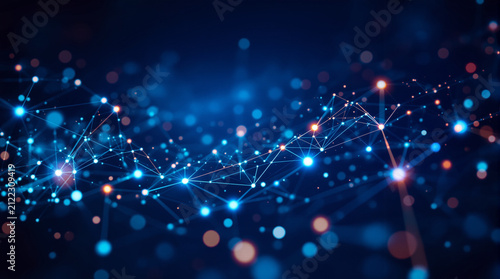 Abstract glowing network of connected dots and lines over deep navy blue gradient, data technology concept background