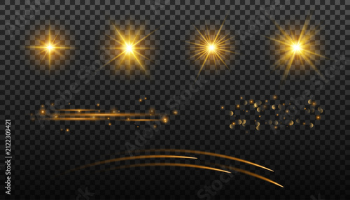 Collection of golden light effects with glowing stars, streaks and sparkling particles isolated on transparent background.