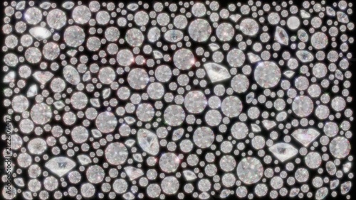 Konstfotografi 600 brilliant 3D diamonds scattering and filling a 4K screen in various sizes and various angles featuring optical dispersion fire and light streaks created by 3D render