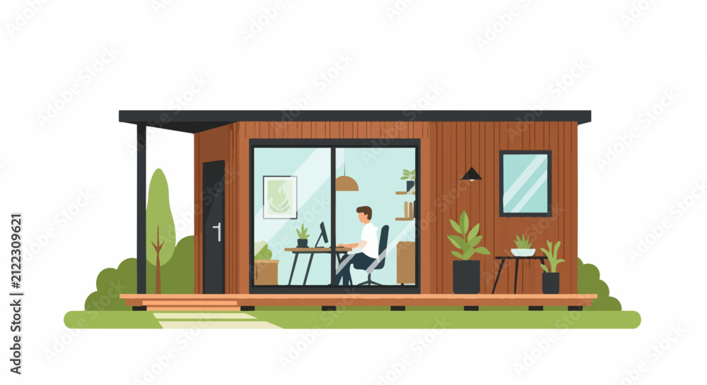 Obraz premium Modern Modular Tiny House and Backyard Office Pod with Man Working on Laptop, Sustainable Remote Work and Home Studio Flat Illustration