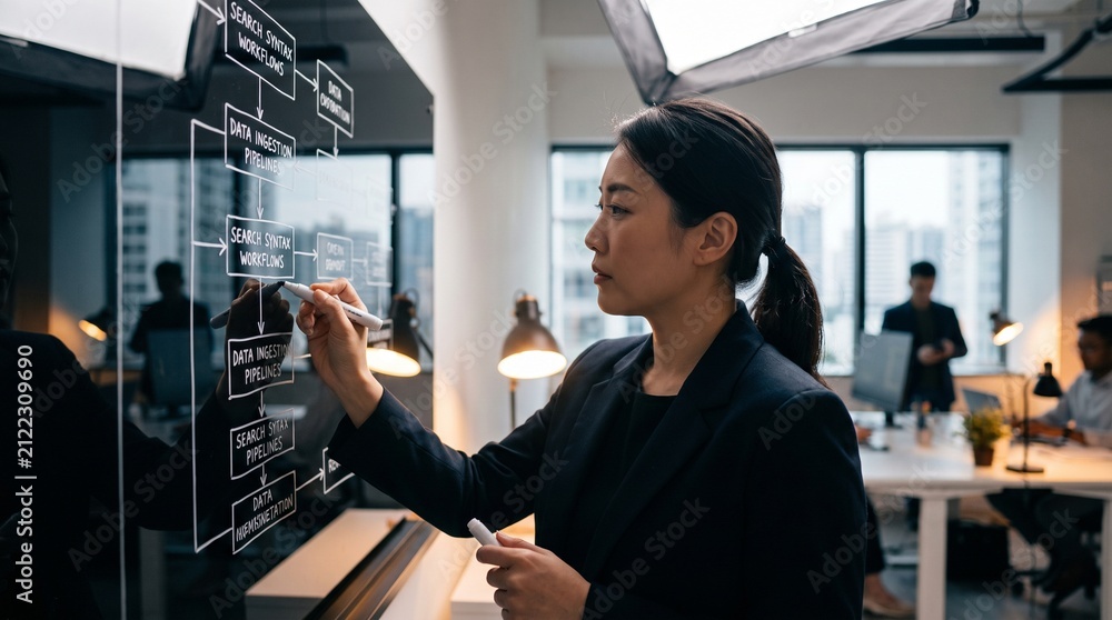 Fototapeta premium Asian businesswoman drawing flowchart on glass wall, professional office setting, corporate strategy and data analysis concept, modern workspace background