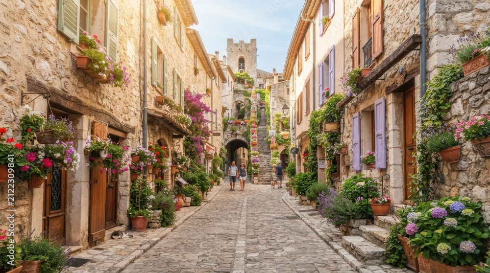 Fototapeta premium Charming European village street lined with stone buildings and blooming flowers