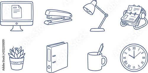 Fotografía Office Supplies Icon Set Line Art, Computer Stapler Lamp Clock Hand Drawn Illust