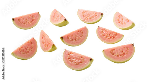 Multiple fresh pink guava slices with visible seeds and light green rind arranged on a clean white background.