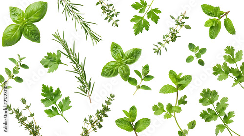 A vibrant collection of fresh green herbs including basil, rosemary, parsley, thyme, and mint, arranged on a clean white background.
