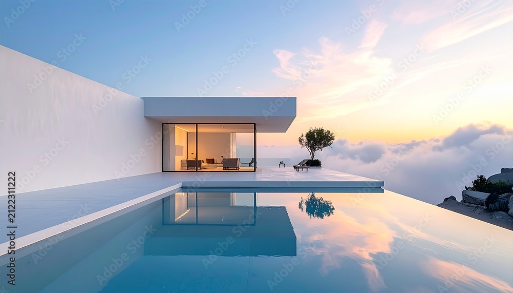 Fototapeta premium Minimalist white villa surrounded by soft morning mist above the clouds