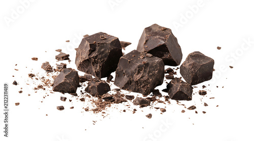 Roughly broken dark chocolate chunks and crumbs scattered on a white background, ready for baking or snacking.