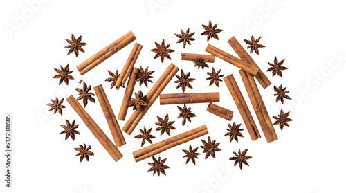An overhead shot of scattered cinnamon sticks and star anise spices on a clean white background, perfect for culinary and holiday themes.