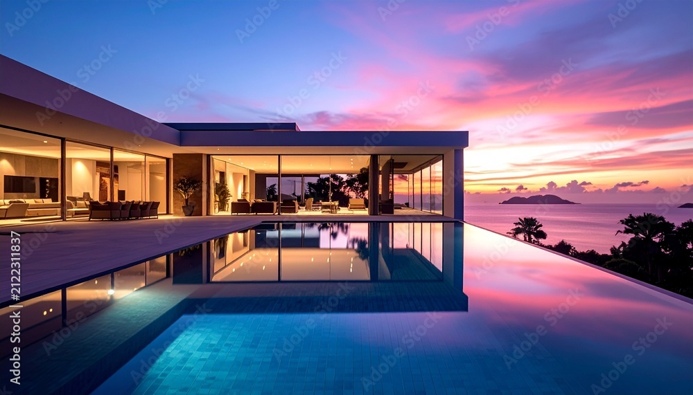 Fototapeta premium Contemporary villa with an infinity pool beneath a vibrant twilight sky