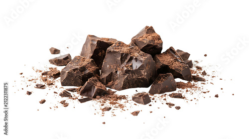 A pile of dark chocolate chunks and crumbs isolated on a white background, perfect for baking or snacking.