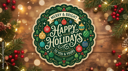 A festive circular holiday greeting card design on a rustic wooden background