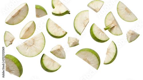 Scattered slices and chunks of fresh green breadfruit against a clean white background, showcasing its texture and color.