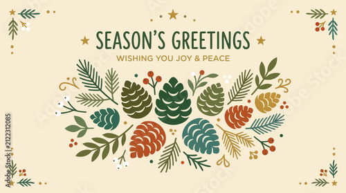 A festive holiday greeting card design featuring pine cones and evergreen branches