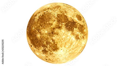 IA generated detailed view of a full moon isolated against a clean white background, highlighting the golden-yellow surface tone, intricate craters, impact rays, and lunar maria across the celestial 
