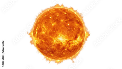 IA generated illustration of a glowing fiery sun or star with massive solar flares and plasma loops erupting from its surface, isolated on a clean white background for design.