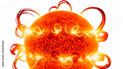 IA generated illustration of a glowing fiery sun or star with massive solar flares and plasma loops erupting from its surface, isolated on a clean white background for design.