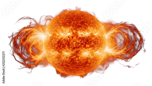 IA generated illustration of a glowing fiery sun or star with massive solar flares and plasma loops erupting from its surface, isolated on a clean white background for design.